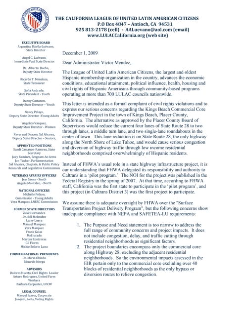 FHWA Administrative Complaint - Tahoe LULAC - Kings Beach