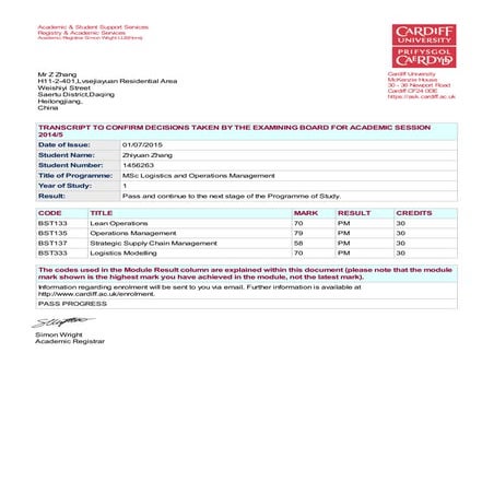 Academic transcript 2016 | PDF