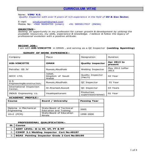 Cv for qc inspector mechanical | DOC