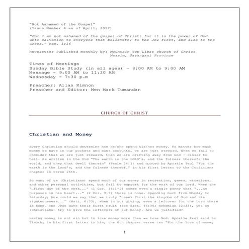 Not Ashamed of the Gospel APRIL ISSUE 2012