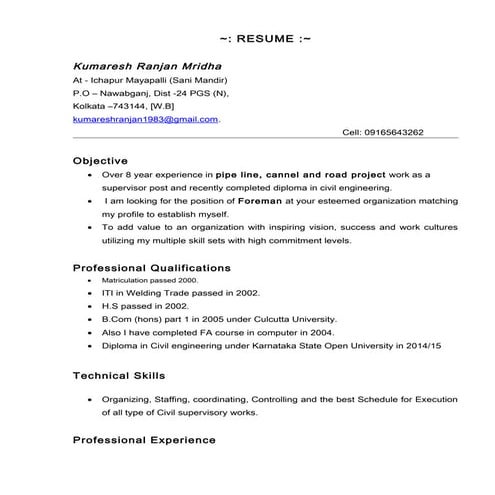 Nawab civil supervisor cv | DOC