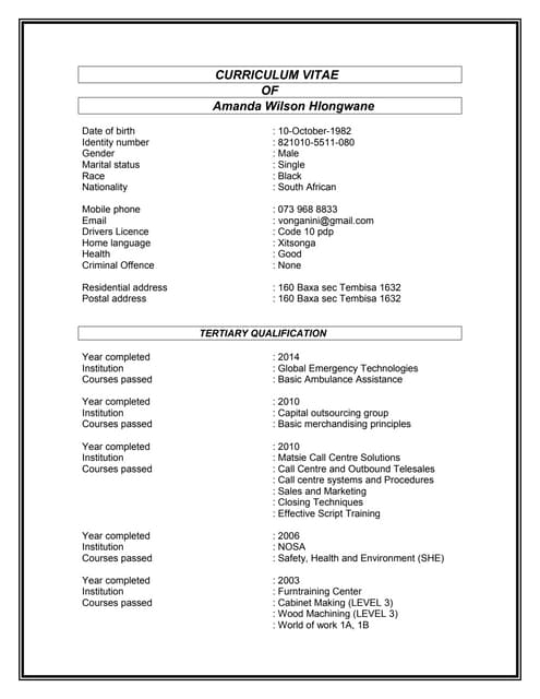Curriculum Vitae Of Sandile or Pastorico 2 the good one | DOCX