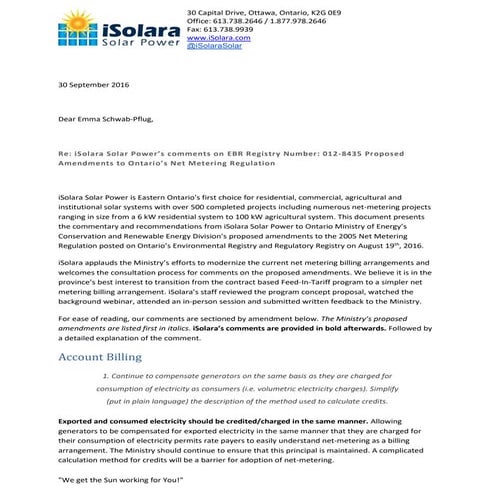 EBR Registry No 012-8435 - iSolara Comments on Proposed Amendment of O. Reg. ...