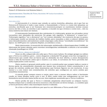 1ºeso. Apuntamentos. tema 4.A terra e o universo revisado por luisa