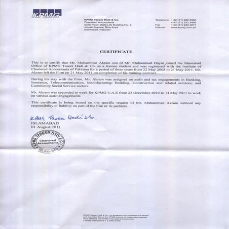 KPMG Experience Certificate