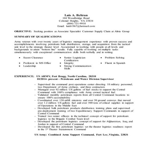 Luis A. Beltran Assitant Logistics Manager Resume