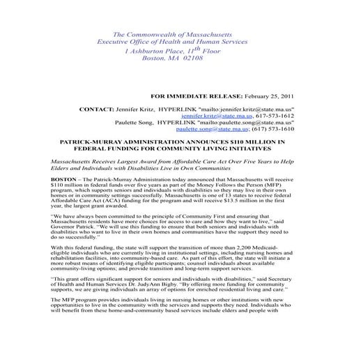 02 23 11 Money Follows the Person grant release FINAL