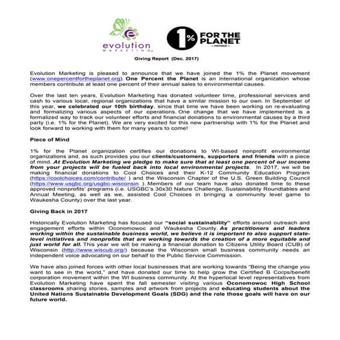 Evolution Marketing, llc's 2017 Giving Report 