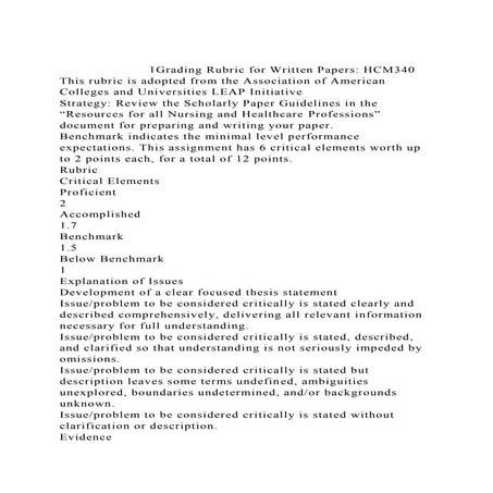   1Grading Rubric for Written Papers HCM340This rubric is ad.docx