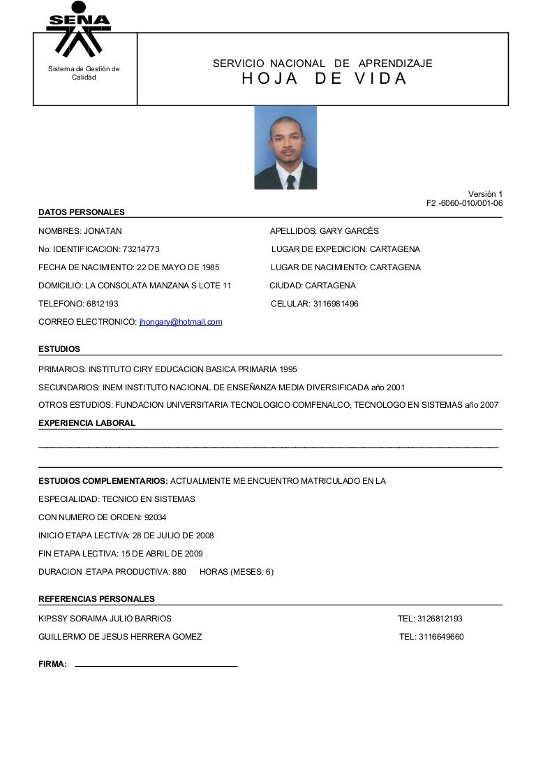 Formato hoja de vida para practicas sena