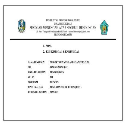 Contoh kisi-kisi mapel PJOK kelas XII kurikulum 2013 | PDF