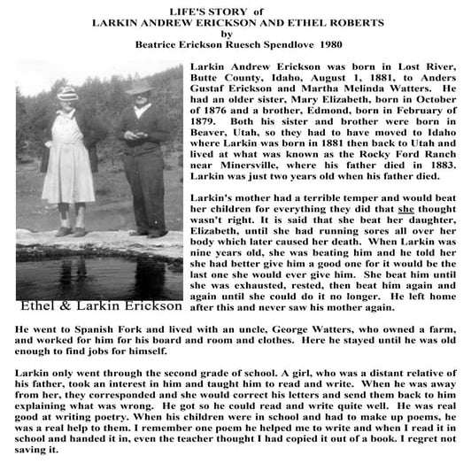 Life's Story of Larkin Andrew Erickson & Ethel Roberts