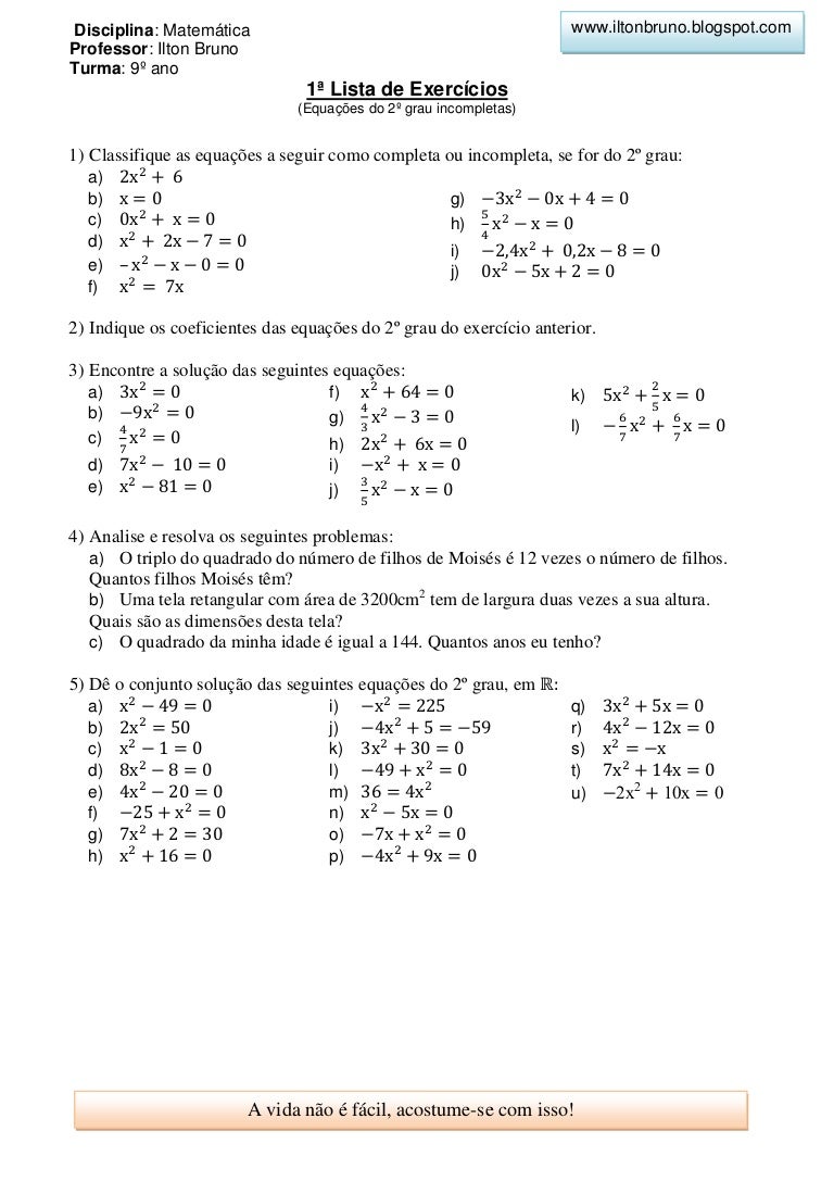 Equações do 2.º Grau ou Equações Quadráticas