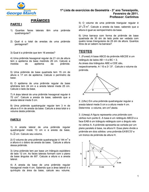 1ª LISTA DE EXERCÍCIOS( PIRÂMIDES) | PDF