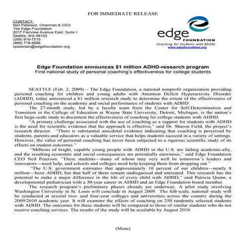 Edge Foundaton Announces $1 million ADHD Research Study