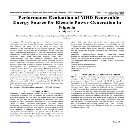 performance evaluation of mhd renewable energy source for electric power gene...