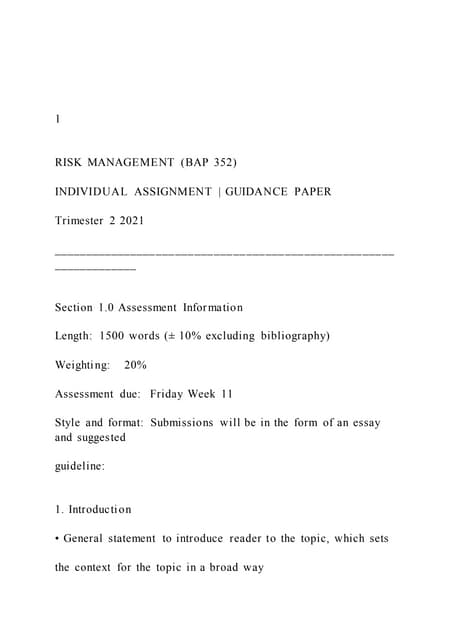 1  RISK MANAGEMENT (BAP 352) INDIVIDUAL ASSIGNMENT 