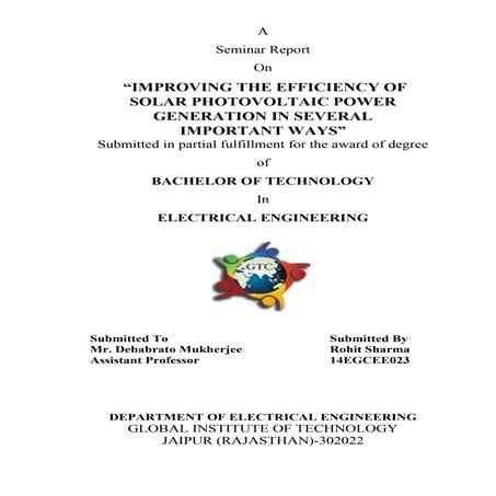Report on the IMPROVING THE EFFICIENCY OF SOLAR PHOTOVOLTAIC POWER GENERATION...