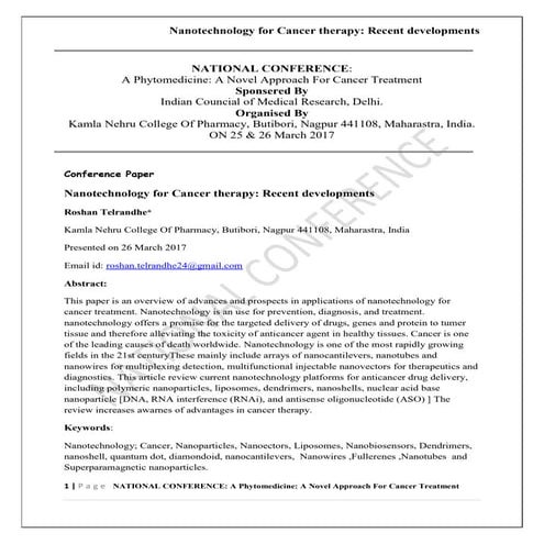 Nanotechnology for cancer therapy recent developments | PDF