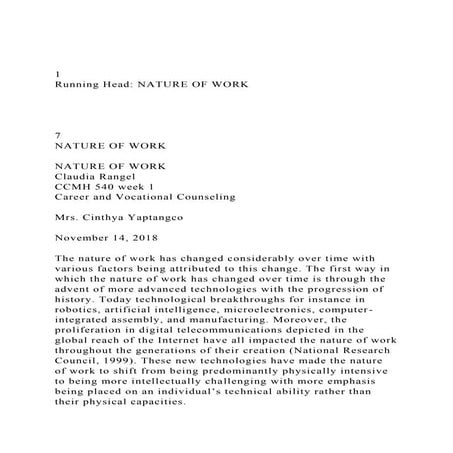1Running Head NATURE OF WORK 7NATURE OF WORK .docx