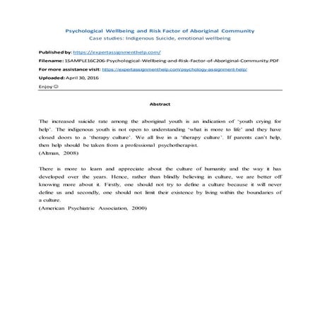 Psychological Wellbeing and Risk Factor of Aboriginal Community