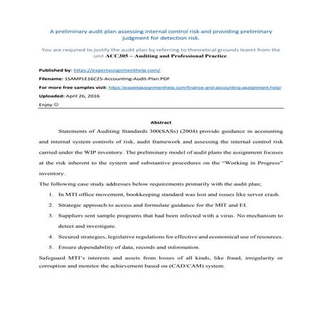Prepare a Preliminary Audit Plan based on a Case Study