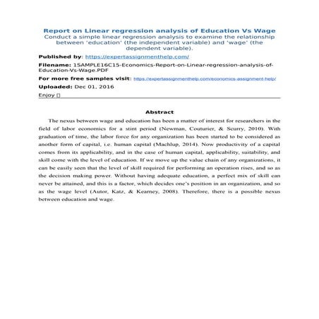 Report on Linear Regression Analysis of Education vs Wage