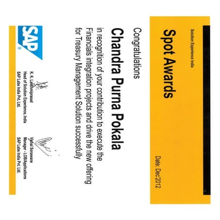 Spot award certificate from SAP Labs