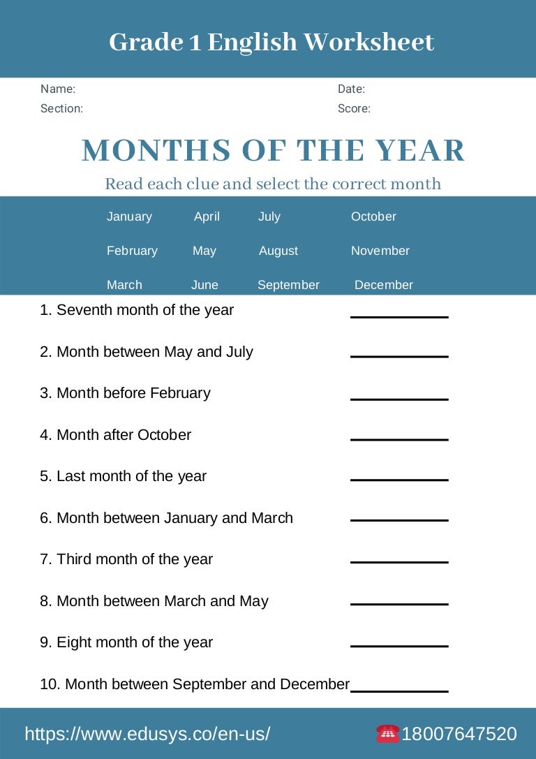 1st grade english worksheet on months of the year