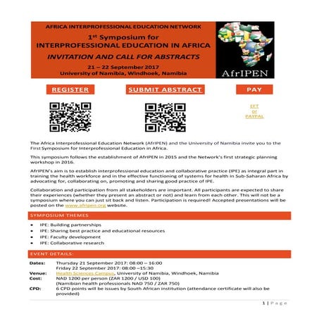 ANNOUNCEMENT: First Symposium for Interprofessional Education in Africa (21-22 September 2017, Windhoek, Namibia)