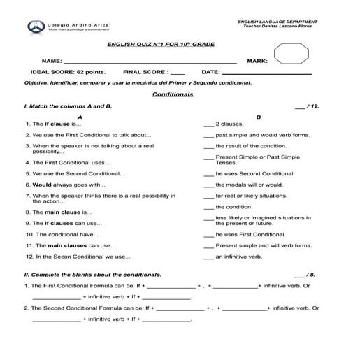 1st english quiz first and second conditionals  for 10th grade