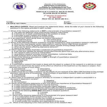 1st Quarter Exam for Practical Research 2