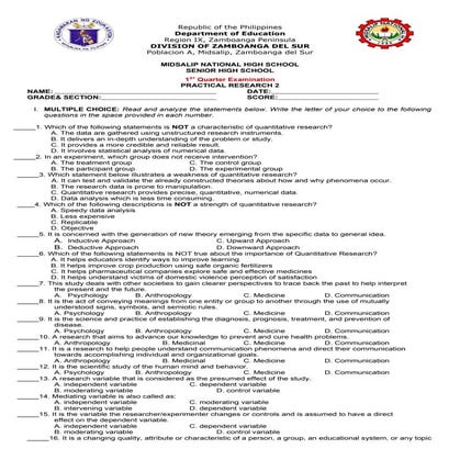 1st Quarter Exam for Practical Research 2
