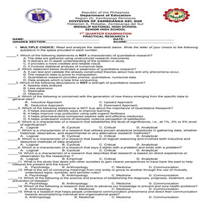 1st Quarter Exam in Practical Research 2