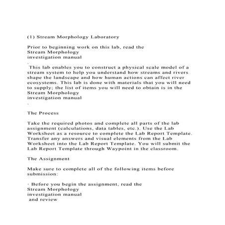 (1) Stream Morphology LaboratoryPrior to beginning work on t.docx