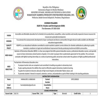 GAD Syllabus For Education 2025-2026 gad