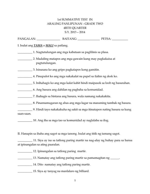 K to 12 Araling Panlipunan Grade 2 (4th Quarter 1st Summative Test)