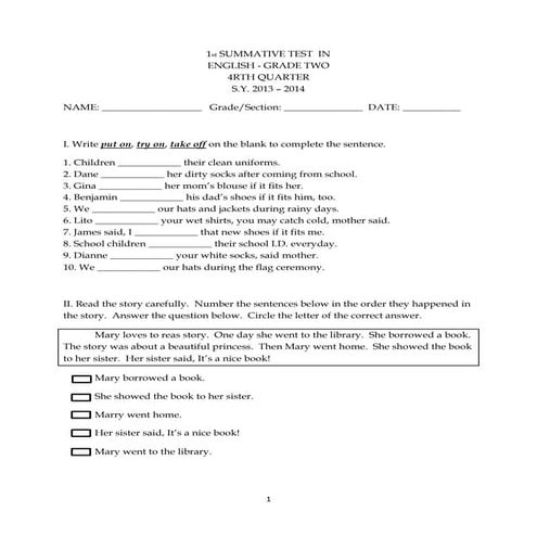 K to 12 ENGLISH Grade 2 (4th Quarter 1st Summative Test)