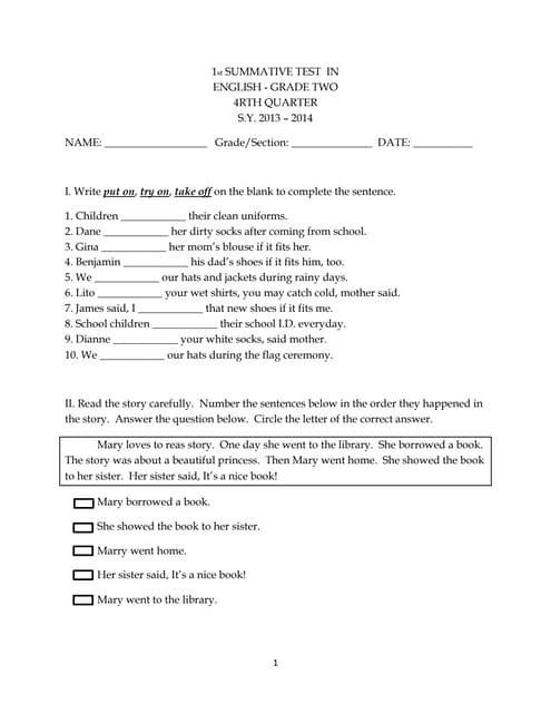 K to 12 ENGLISH Grade 2 (4th Quarter 1st Summative Test)