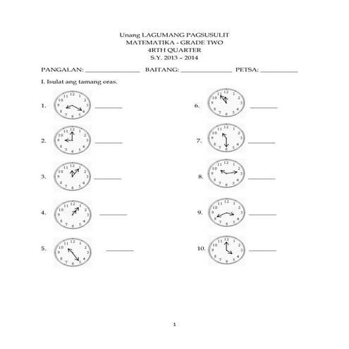 K to 12 Mathematics Grade 2 (4th Quarter 1st Summative Test)
