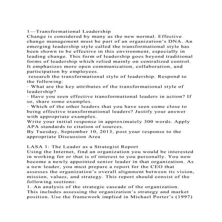 1—Transformational LeadershipChange is considered by many as the.docx