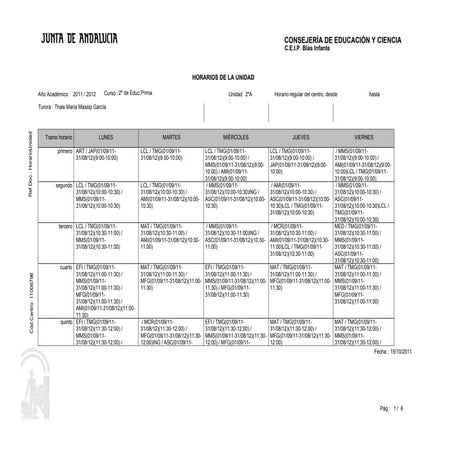 Horario grupos Segundo de la Educación Primaria Curso 2011 12