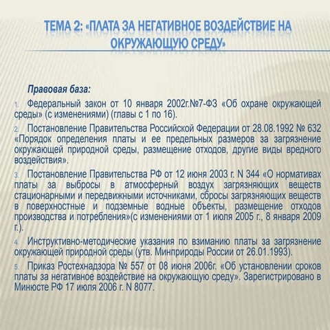 тема 2. Плата за негативное воздействие на окружающую среду