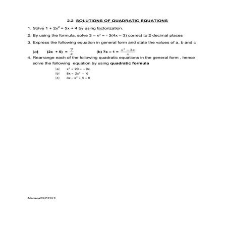 2.2 solutions of quadratic equations