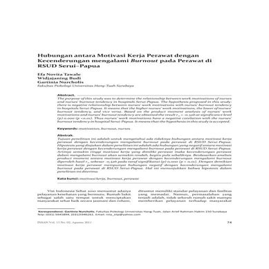 Hubungan antara Motivasi Kerja Perawat dengan Kecenderungan mengalami Burnout pada Perawat di RSUD Serui–Papua