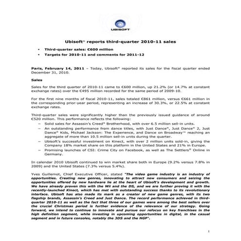 Ubisoft Reports Third Quarter 2010-11 Sales