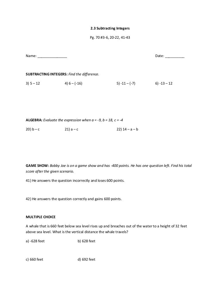 2.3 subtracting integers assignment