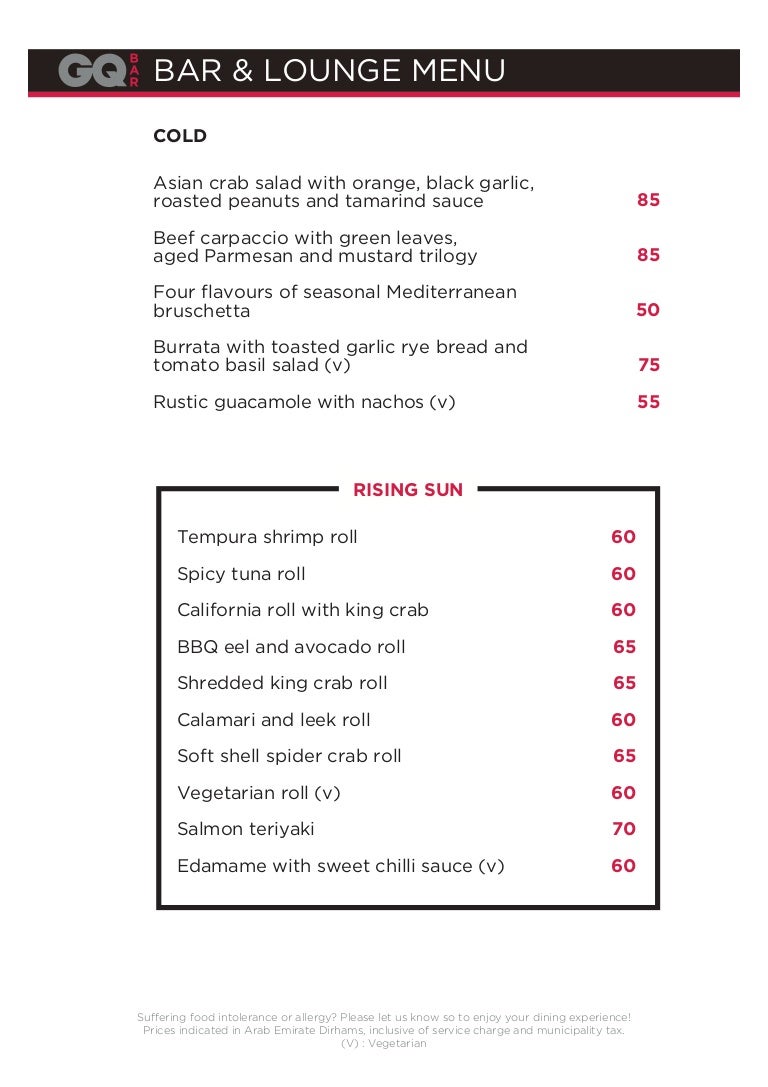 Bar & Lounge in Dubai UAE, Menu list GQBar Dubai