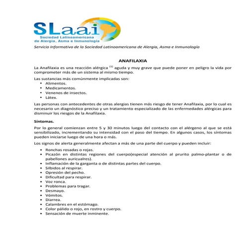 Anafilaxia - Folletos informativos SLaai para pacientes