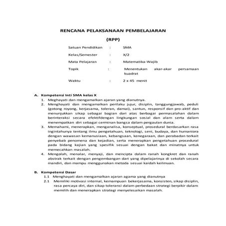 Rpp persamaan kuadrat dan fungsi kuadrat | PDF